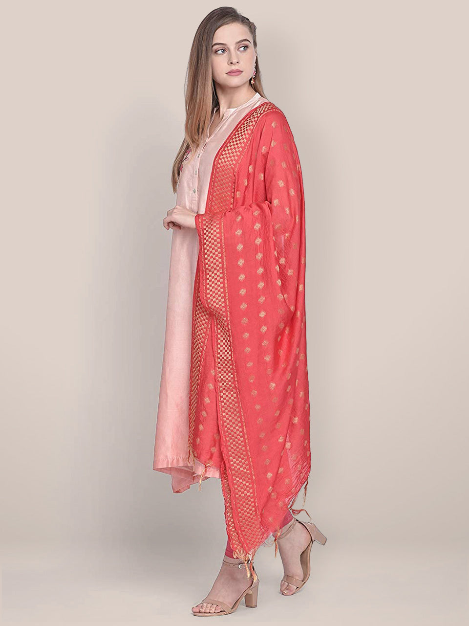Red Woven Banarasi Cotton Silk Dupatta freeshipping - Dupatta Bazaar
