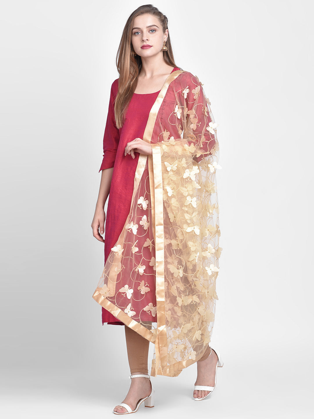 Dupatta Bazaar Woman's Gold Net 3D Butterfly Dupatta. - Dupatta Bazaar