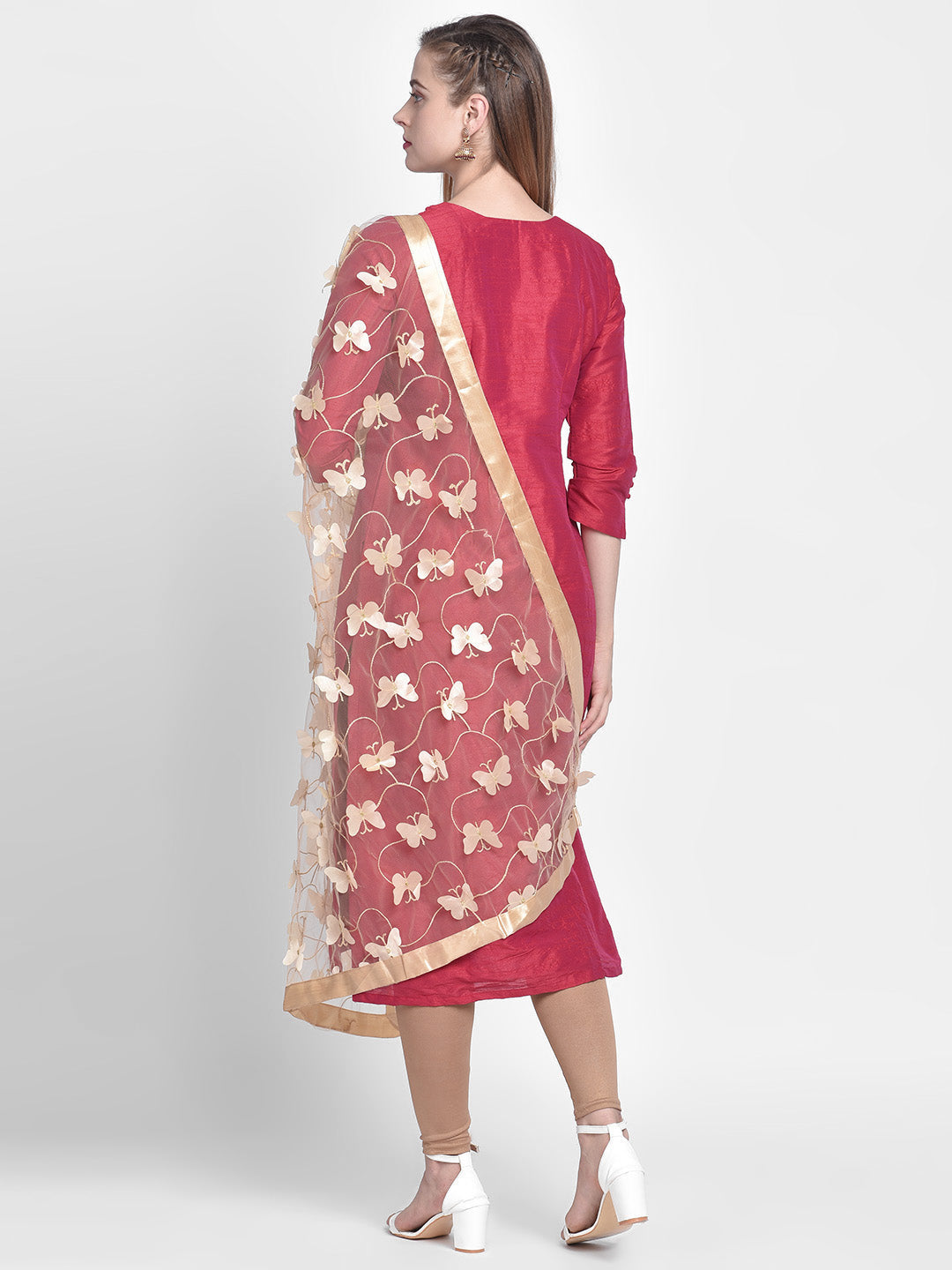 Dupatta Bazaar Woman's Gold Net 3D Butterfly Dupatta. - Dupatta Bazaar
