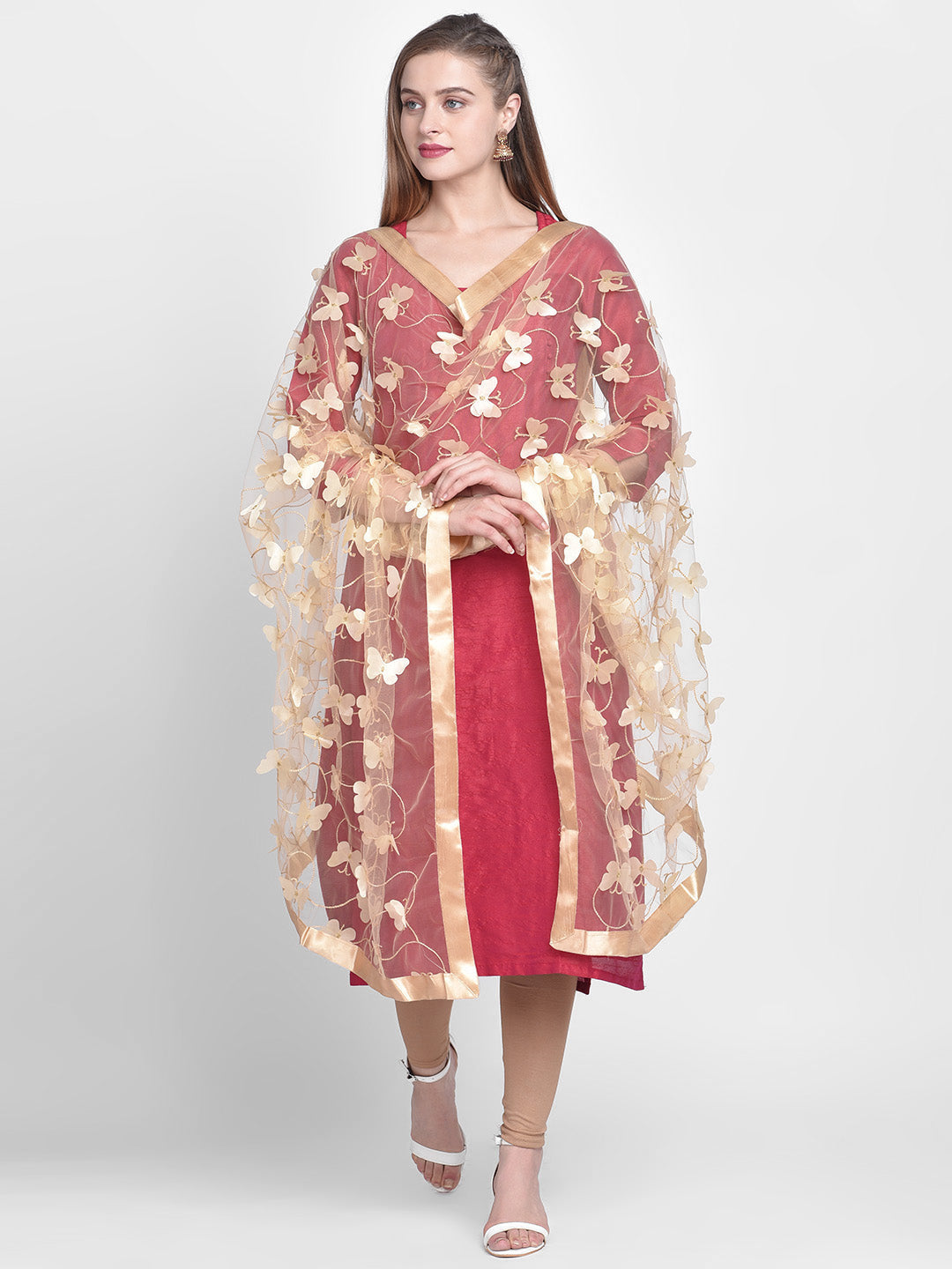 Dupatta Bazaar Woman's Gold Net 3D Butterfly Dupatta. - Dupatta Bazaar