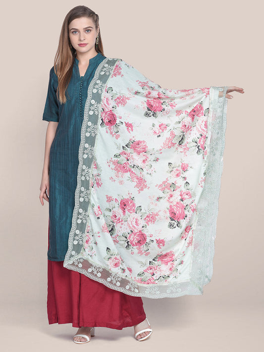 Light Green & Multicoloured Printed Muslin Dupatta freeshipping - Dupatta Bazaar