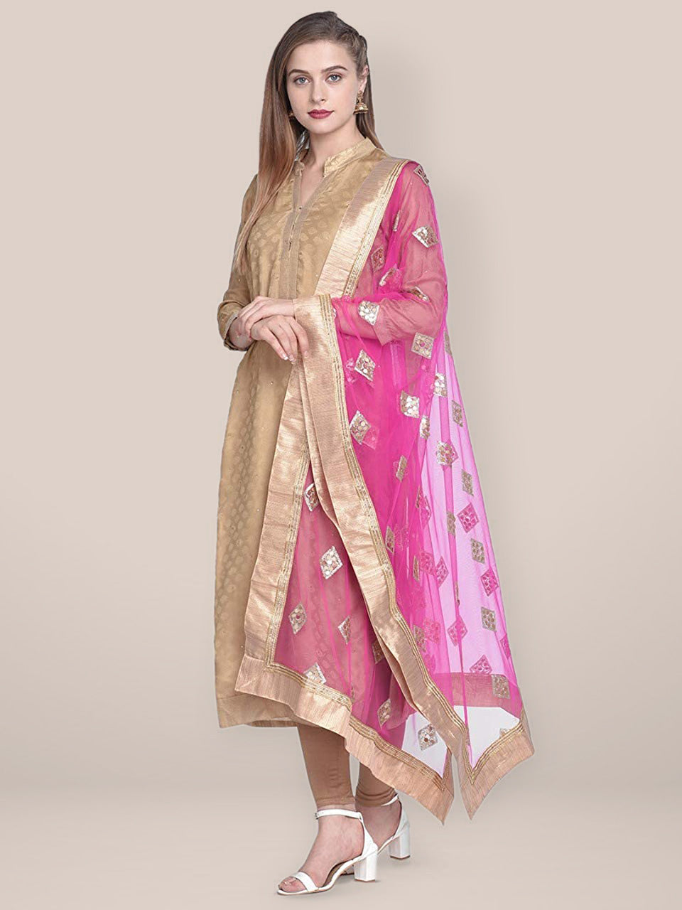 Pink & Gold Embellished Net Dupatta freeshipping - Dupatta Bazaar