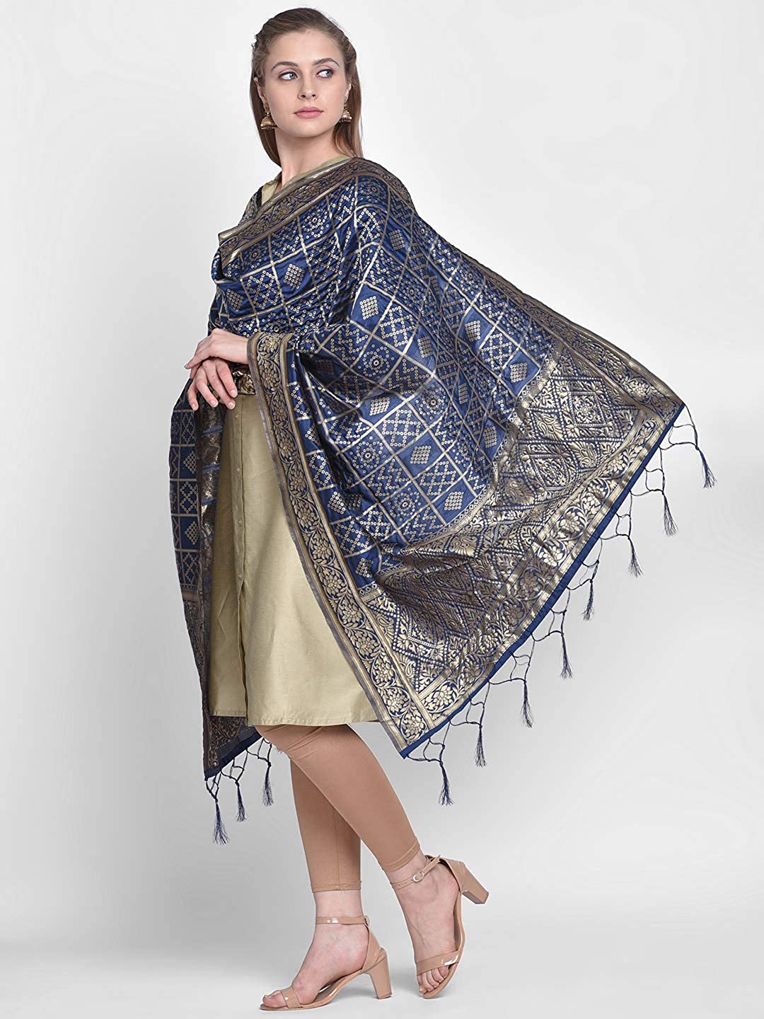 Navy Blue Banarasi Silk Dupatta with Bhandej design. freeshipping - Dupatta Bazaar