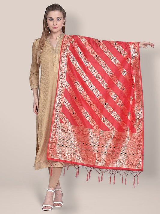 Red Banarasi Silk Dupatta with floral design. freeshipping - Dupatta Bazaar