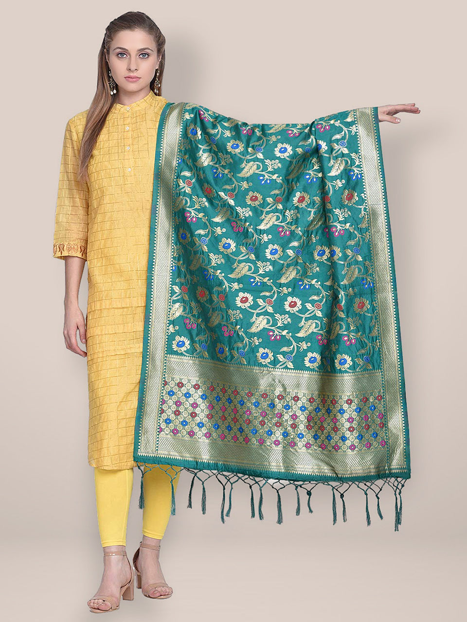 Teal Banarasi Silk Dupatta with floral Jaal freeshipping - Dupatta Bazaar