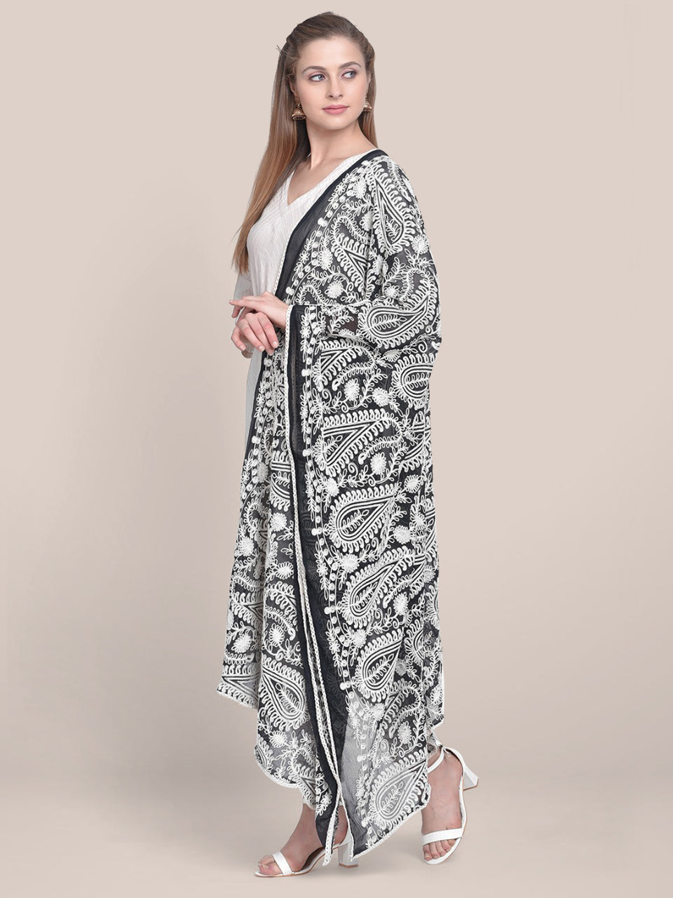 Embroidered Black & White Chiffon Dupatta freeshipping - Dupatta Bazaar