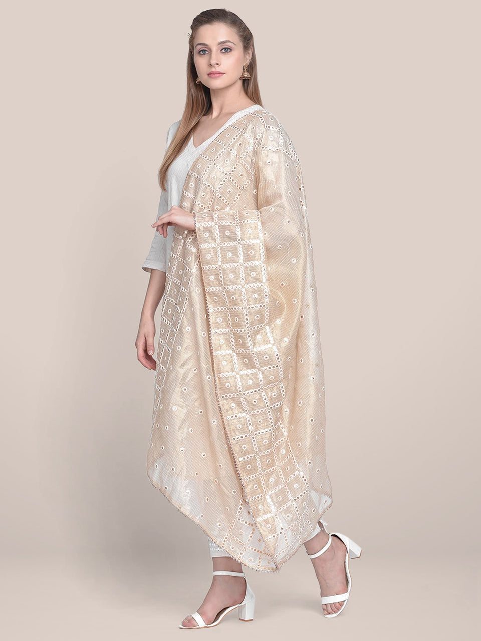 Gold Tissue Silk Embellished Dupatta with mirror work. freeshipping - Dupatta Bazaar
