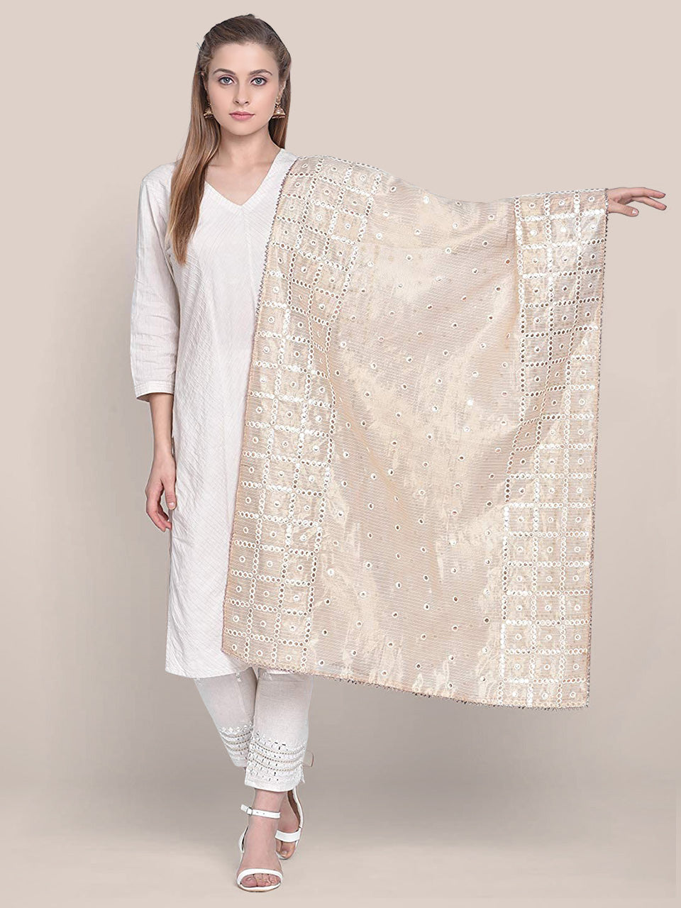Gold Tissue Silk Embellished Dupatta with mirror work. freeshipping - Dupatta Bazaar