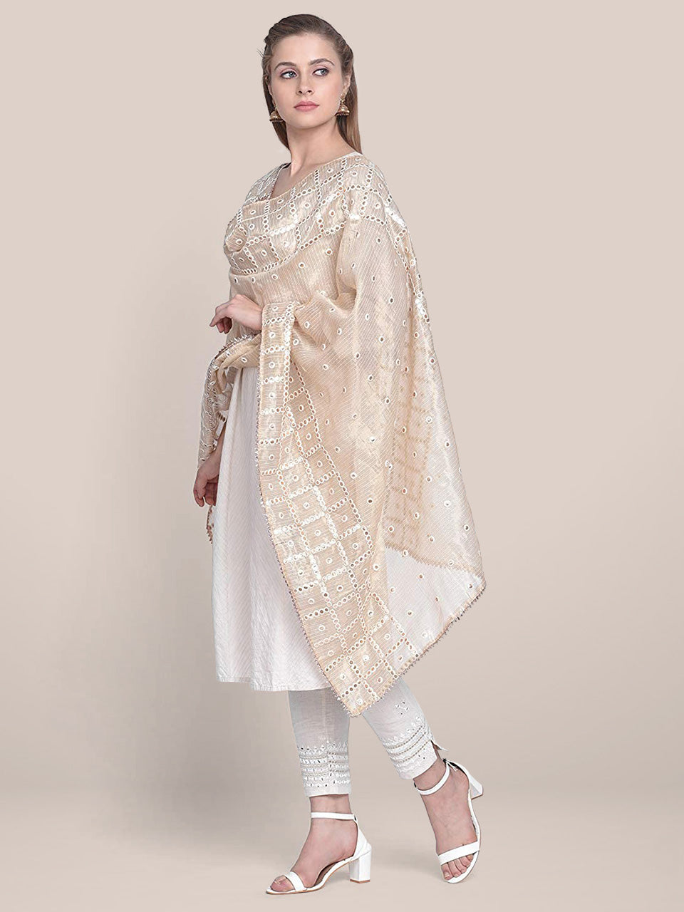 Gold Tissue Silk Embellished Dupatta with mirror work. freeshipping - Dupatta Bazaar