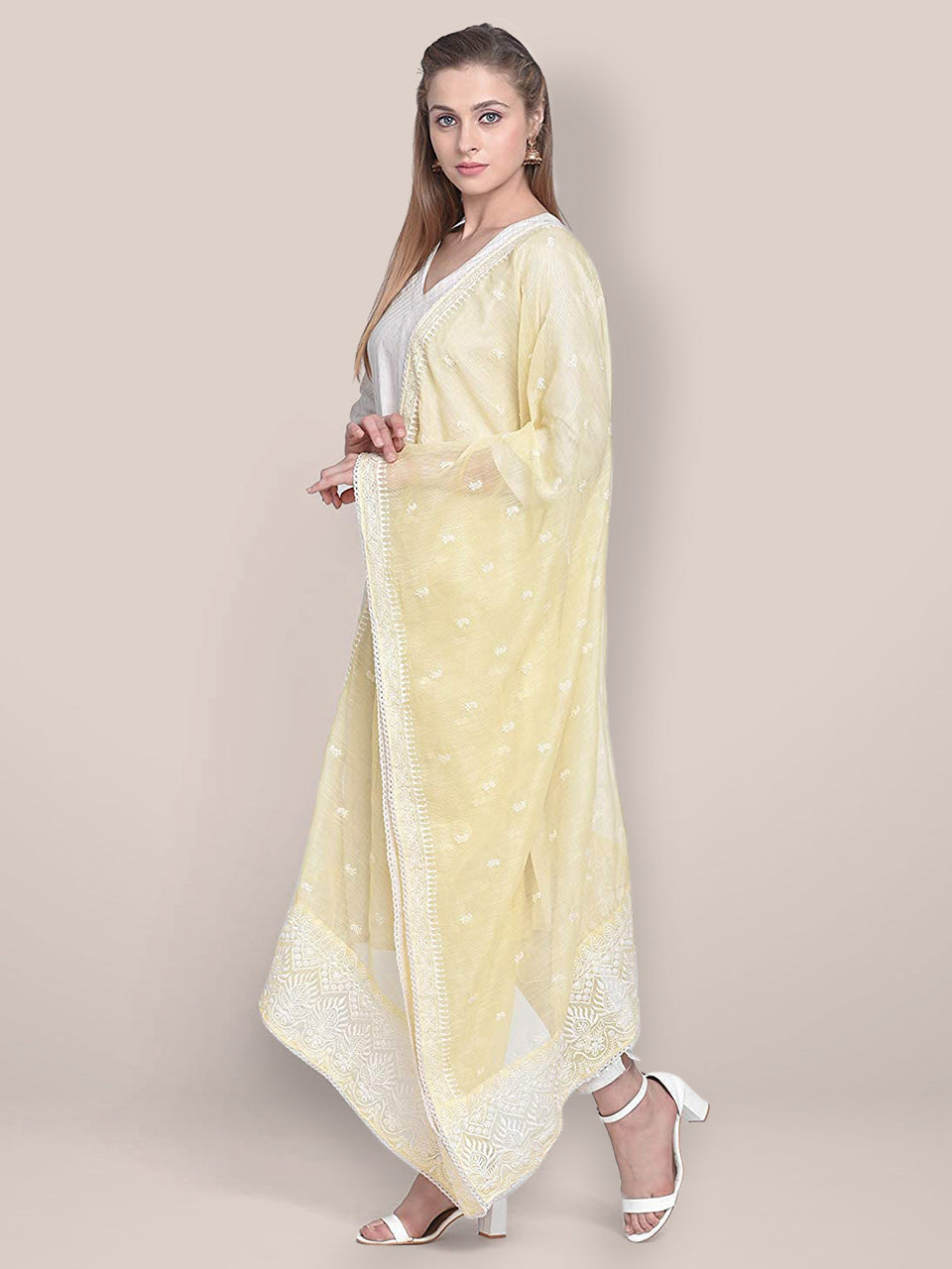 Embroidered Light Yellow Super Net Dupatta. freeshipping - Dupatta Bazaar