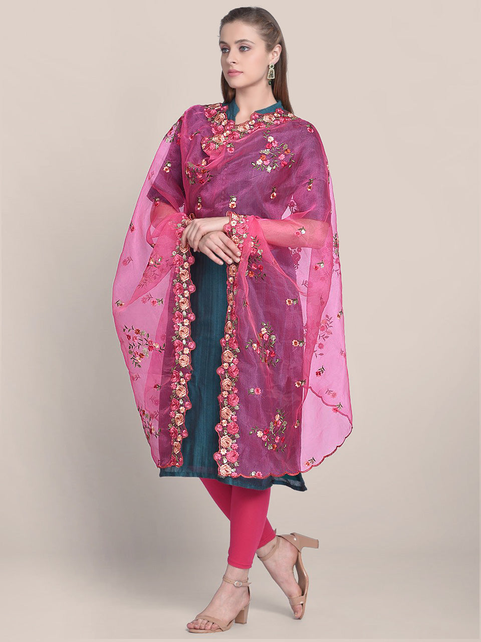 Pink Organza Dupatta with Multicolor Floral Embroidery freeshipping - Dupatta Bazaar
