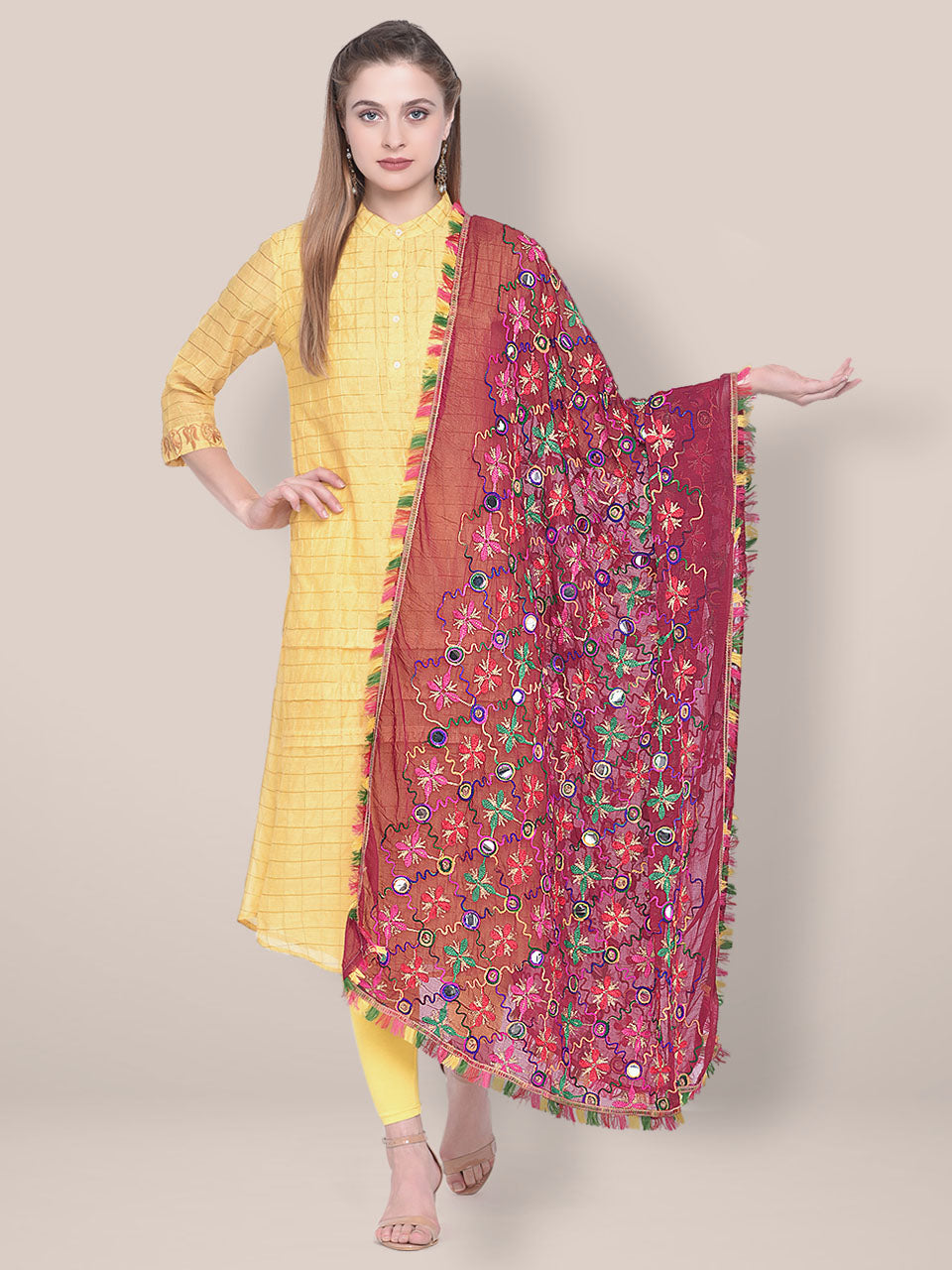 Maroon Phulkari Dupatta with mirror work freeshipping - Dupatta Bazaar