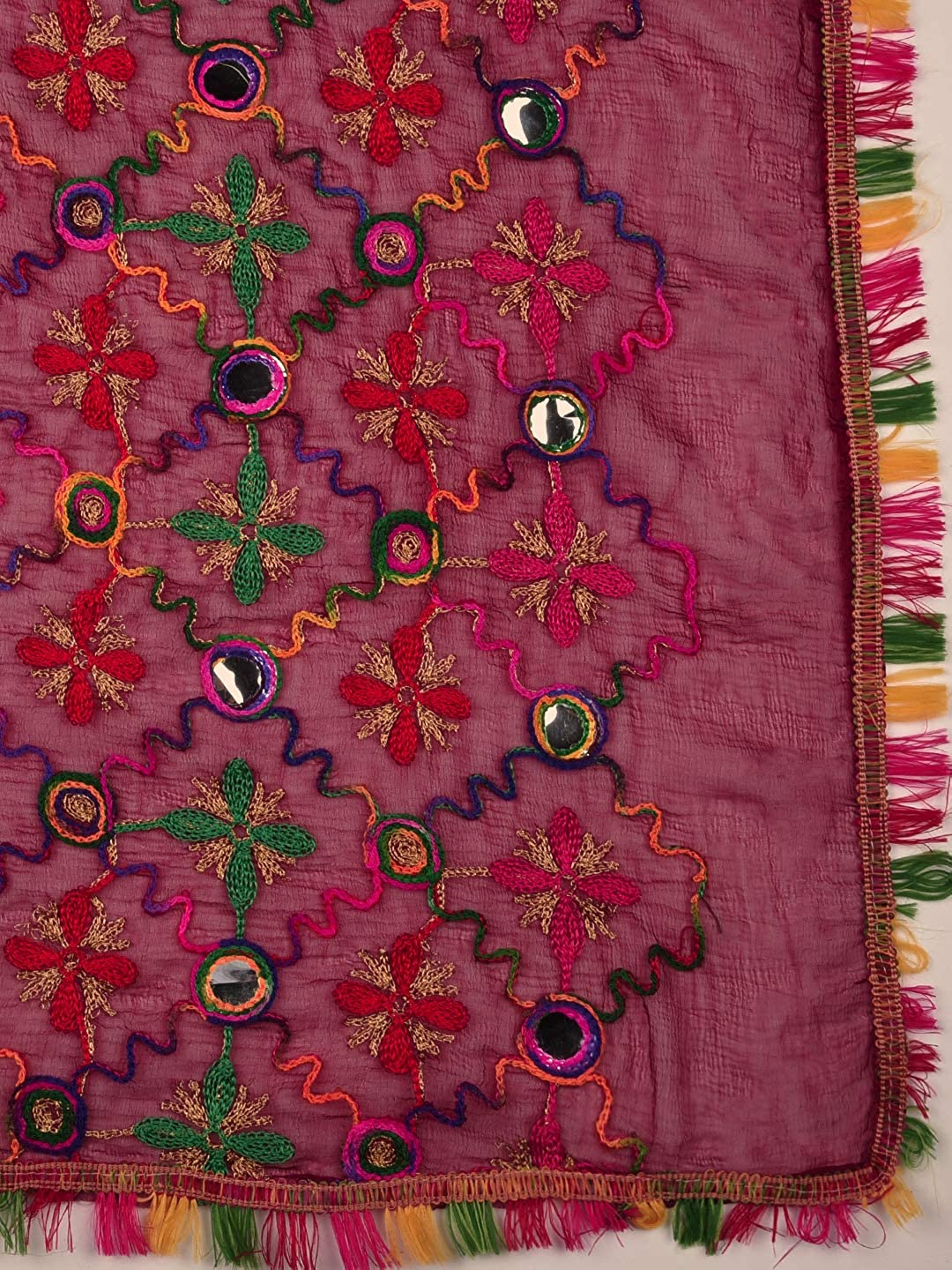 Maroon Phulkari Dupatta with mirror work freeshipping - Dupatta Bazaar