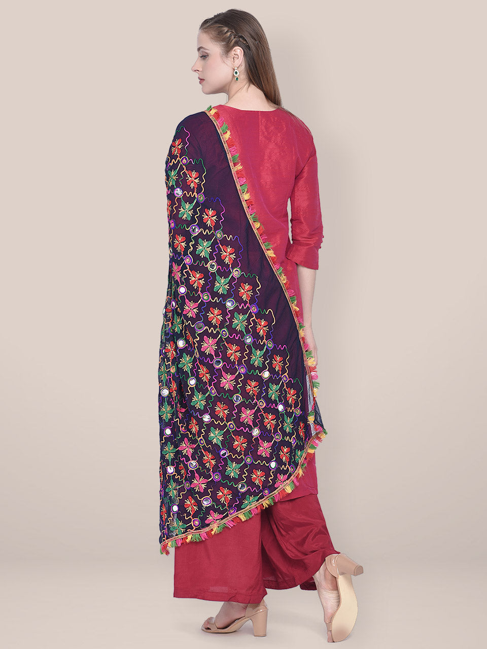 Ink Blue Phulkari  Dupatta with mirror work freeshipping - Dupatta Bazaar