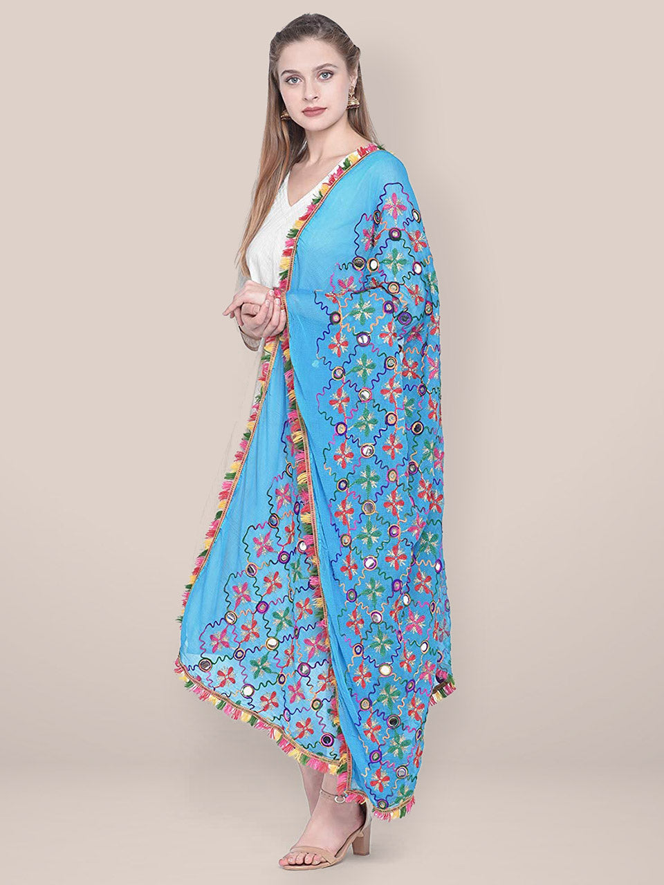 Turquoise Blue Phulkari Dupatta with mirror work freeshipping - Dupatta Bazaar