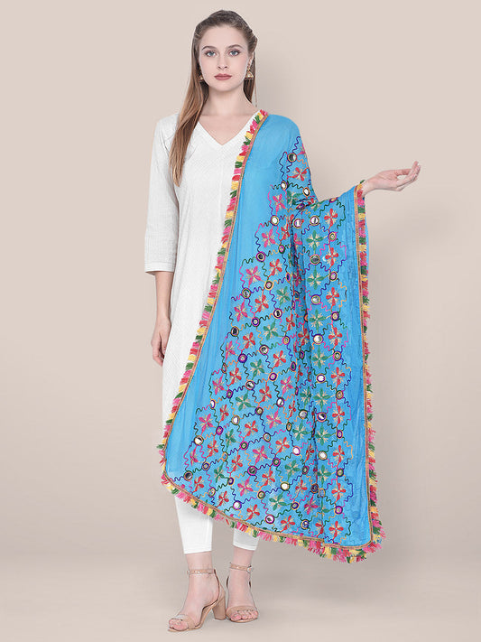 Turquoise Blue Phulkari Dupatta with mirror work freeshipping - Dupatta Bazaar