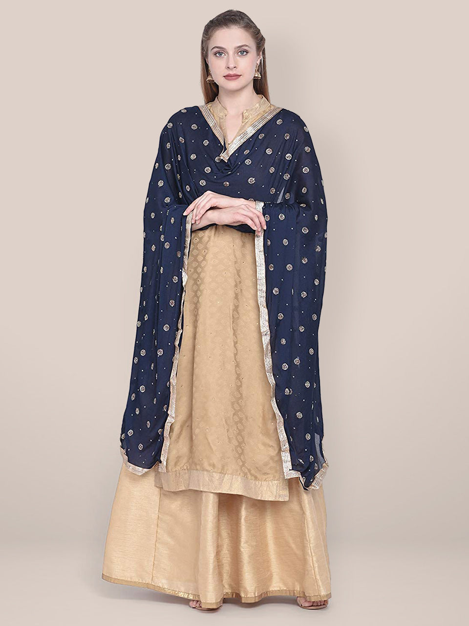 Dupatta Bazaar Woman's Navy Blue Embellished Chinon Dupatta. freeshipping - Dupatta Bazaar