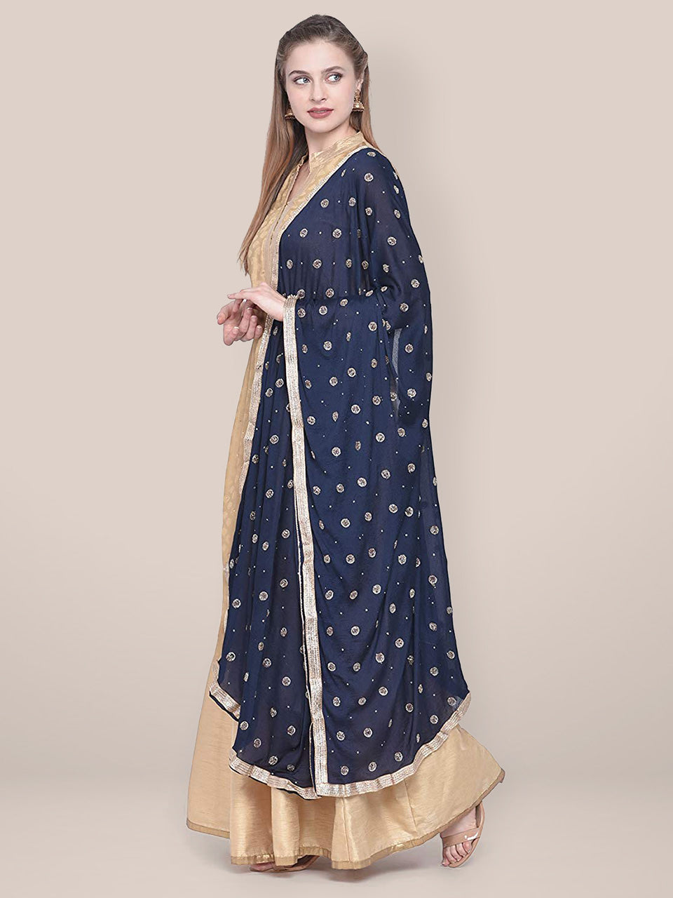 Dupatta Bazaar Woman's Navy Blue Embellished Chinon Dupatta. freeshipping - Dupatta Bazaar