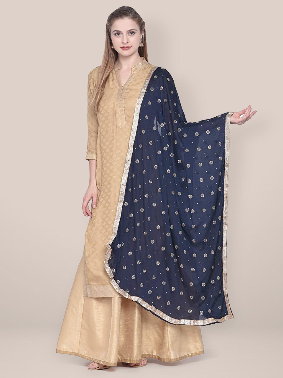 Dupatta Bazaar Woman's Navy Blue Embellished Chinon Dupatta. freeshipping - Dupatta Bazaar