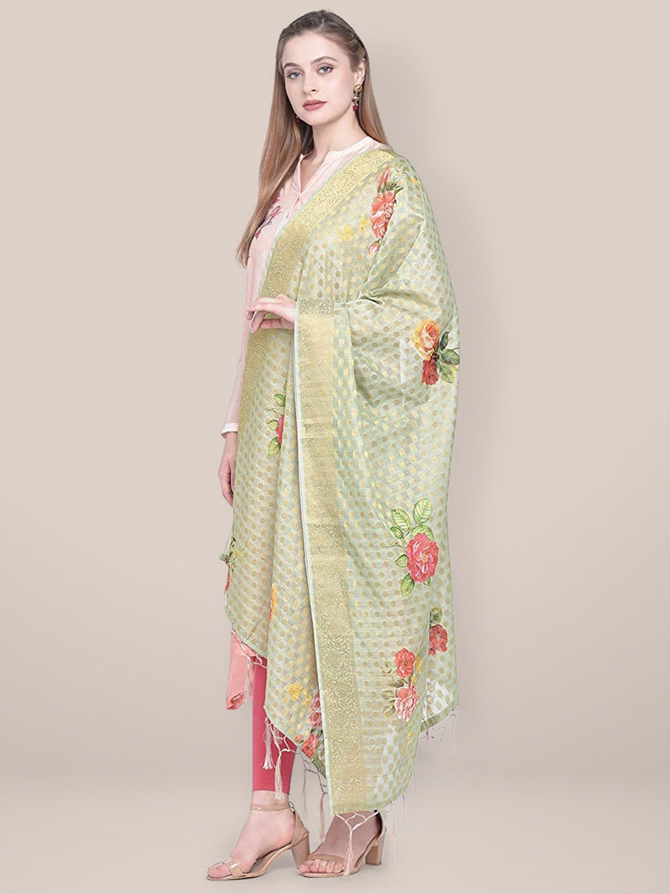 Green Banarasi  Dupatta with Digital Print. freeshipping - Dupatta Bazaar