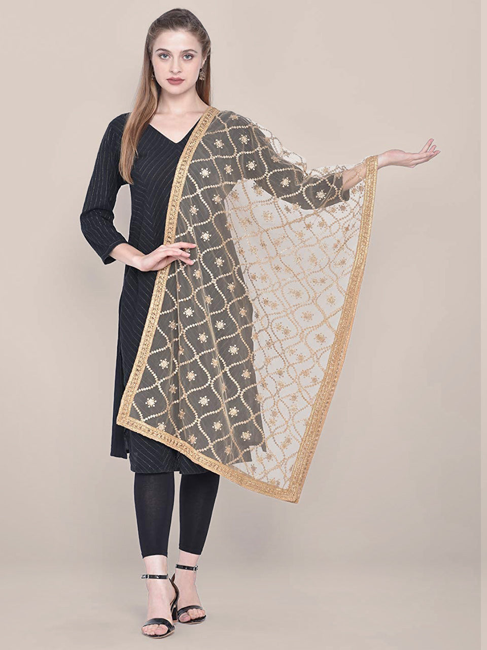 Embroidered Gold Net Dupatta. freeshipping - Dupatta Bazaar