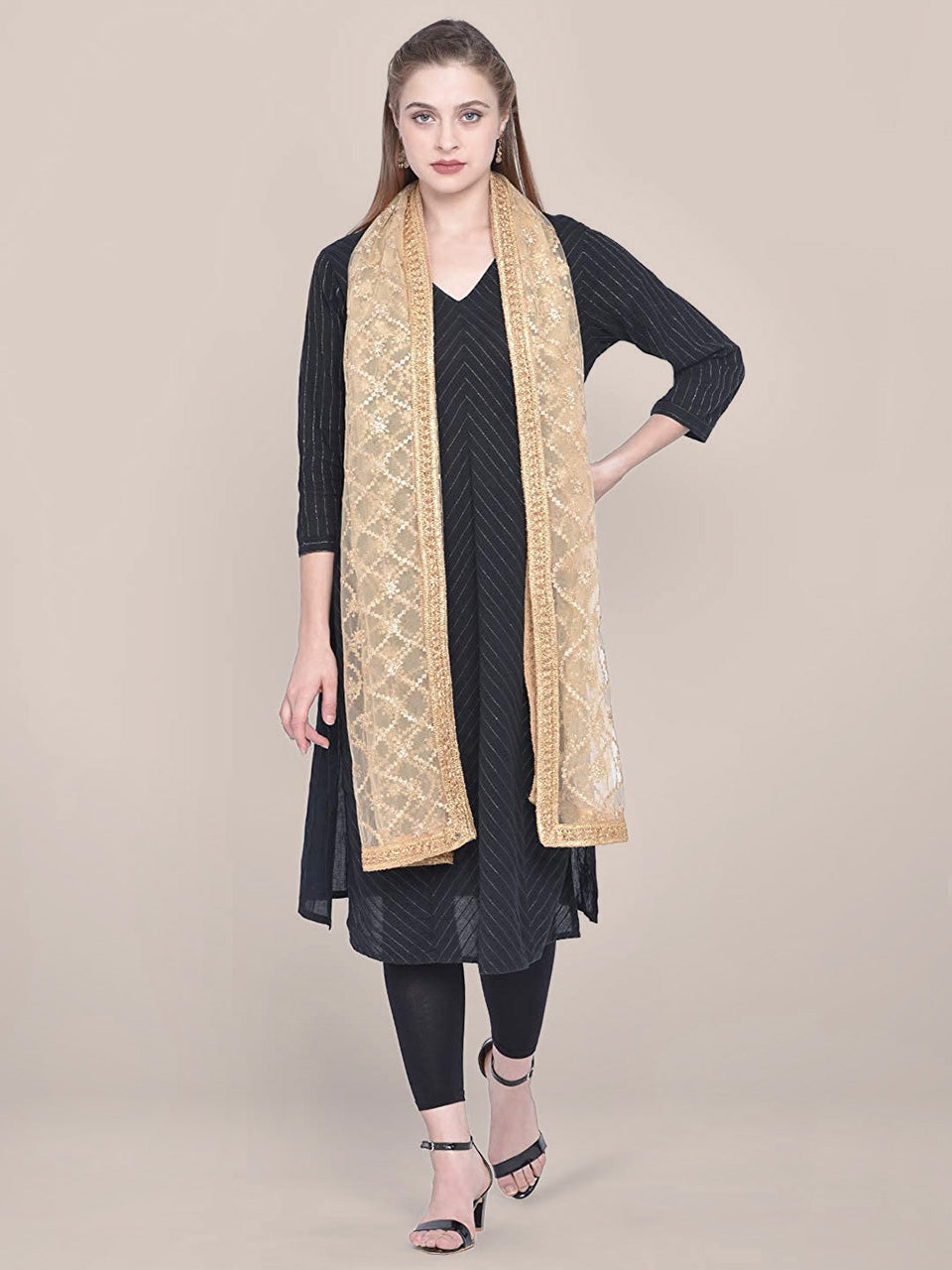 Embroidered Gold Net Dupatta. freeshipping - Dupatta Bazaar
