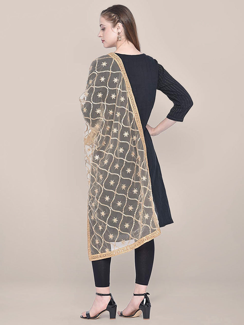 Embroidered Gold Net Dupatta. freeshipping - Dupatta Bazaar