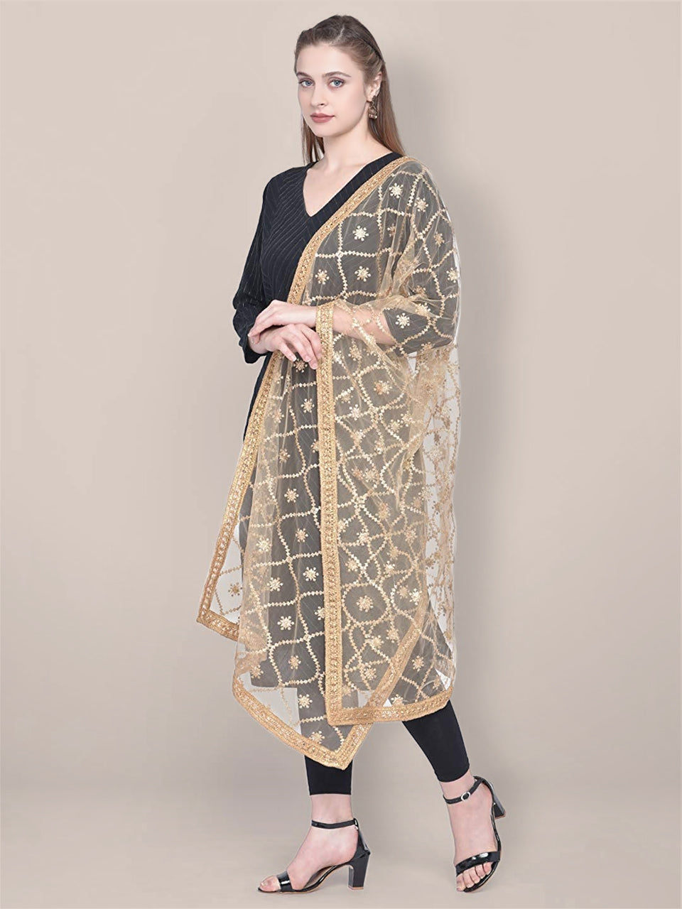 Embroidered Gold Net Dupatta. freeshipping - Dupatta Bazaar