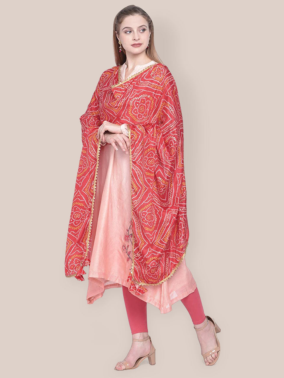Red Bandhini Crepe Silk Dupatta. freeshipping - Dupatta Bazaar