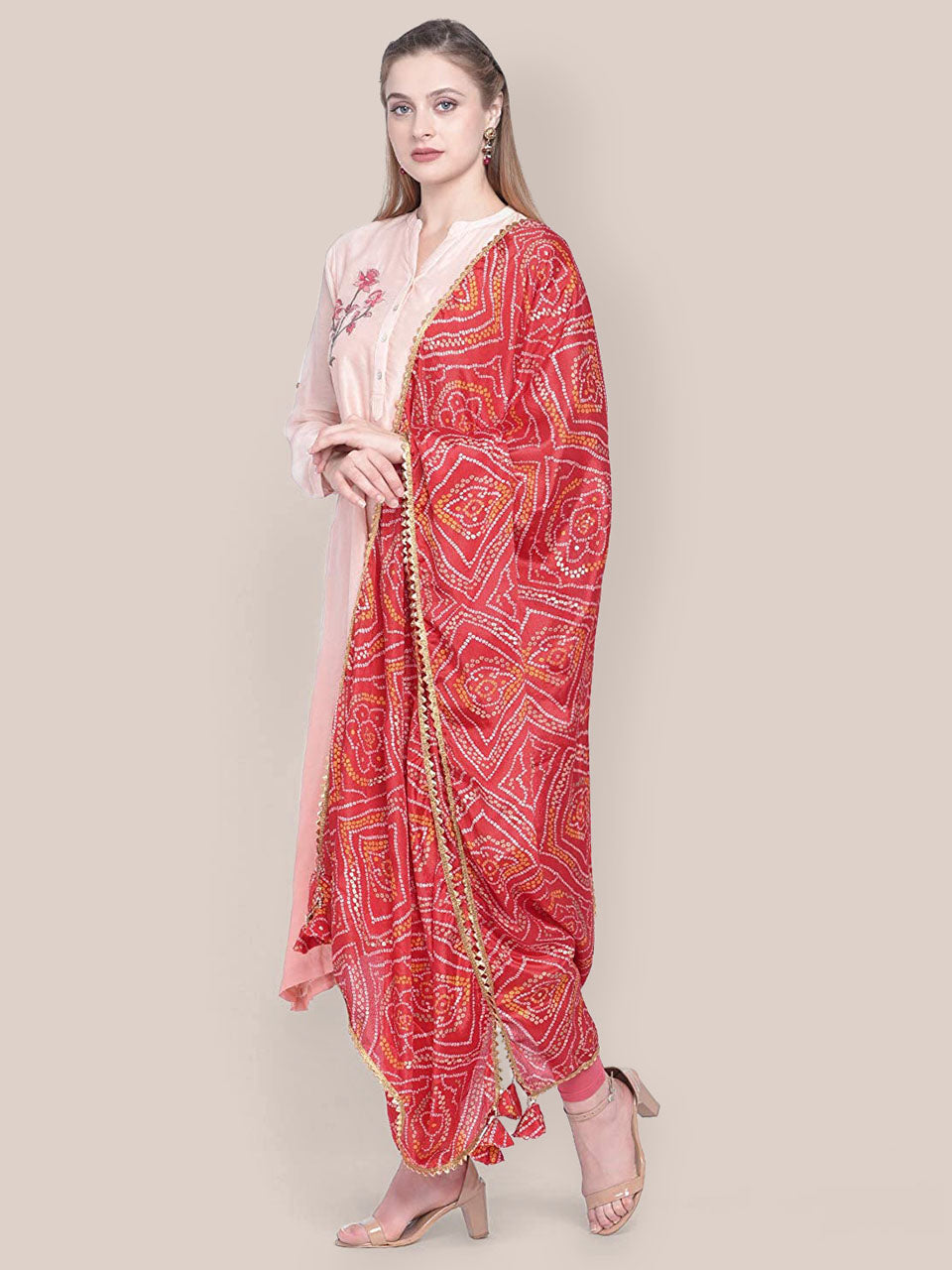 Red Bandhini Crepe Silk Dupatta. freeshipping - Dupatta Bazaar