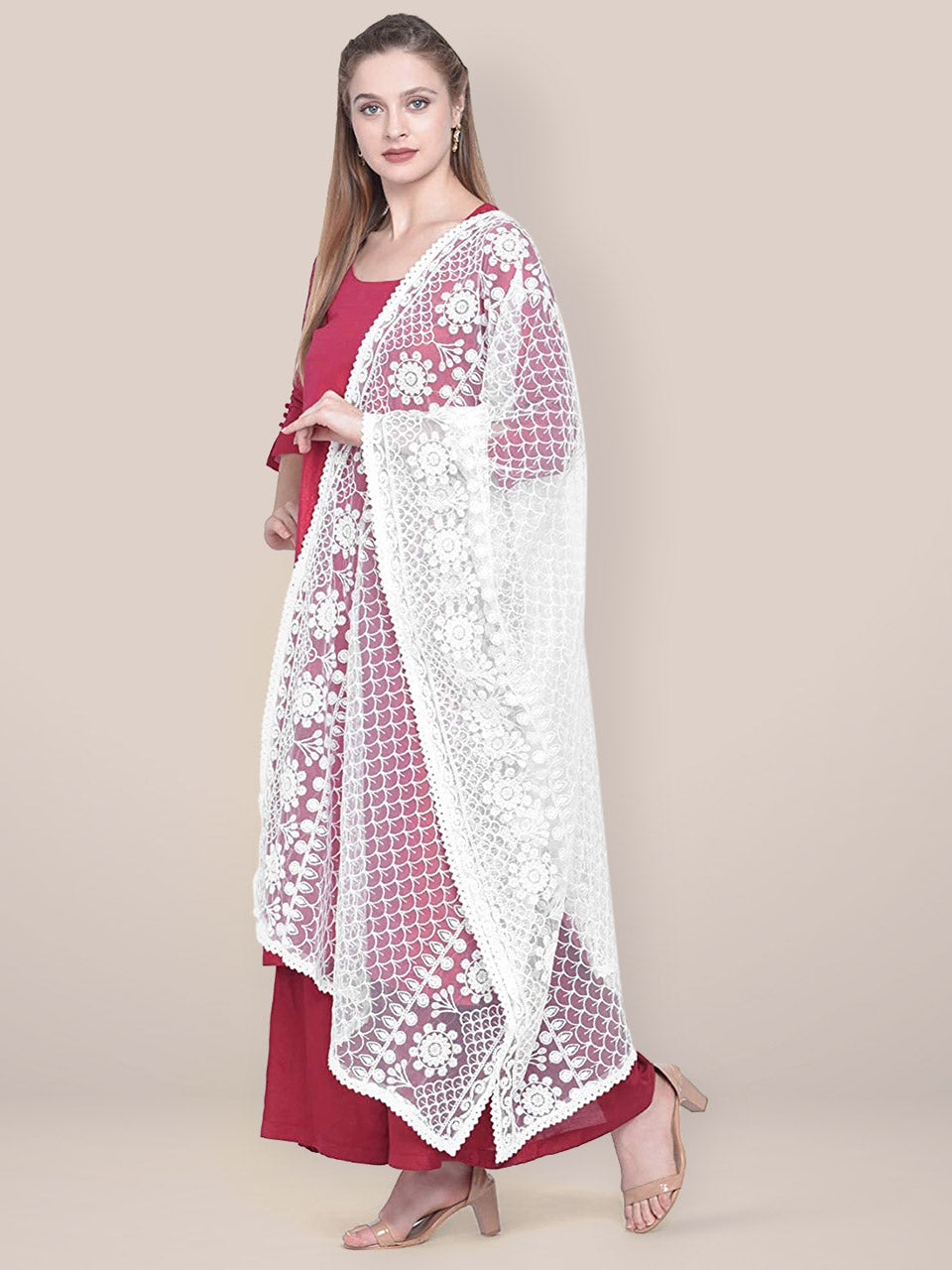 Dupatta Bazaar Woman's Embroidered White Net Dupatta. freeshipping - Dupatta Bazaar