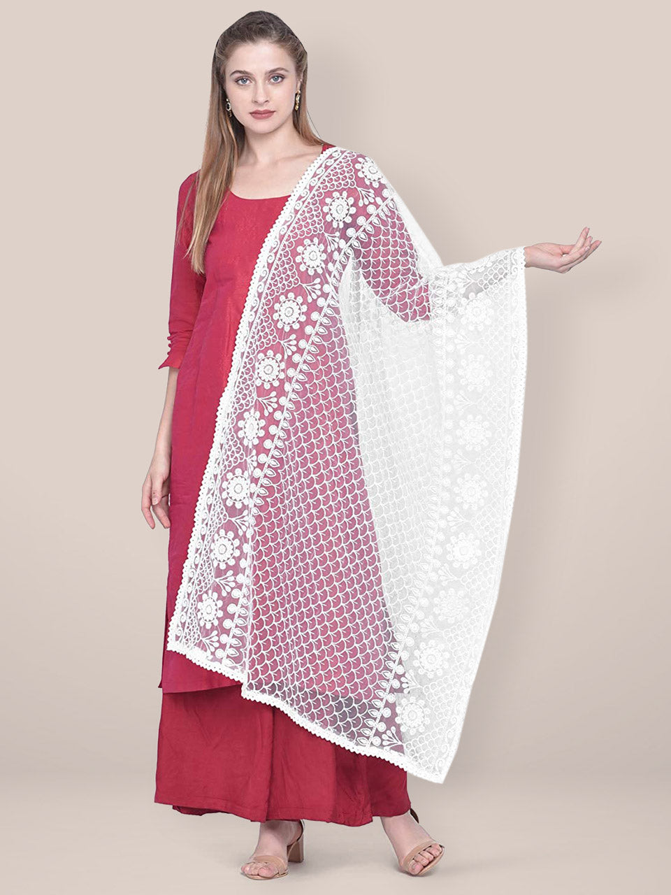 Dupatta Bazaar Woman's Embroidered White Net Dupatta. freeshipping - Dupatta Bazaar