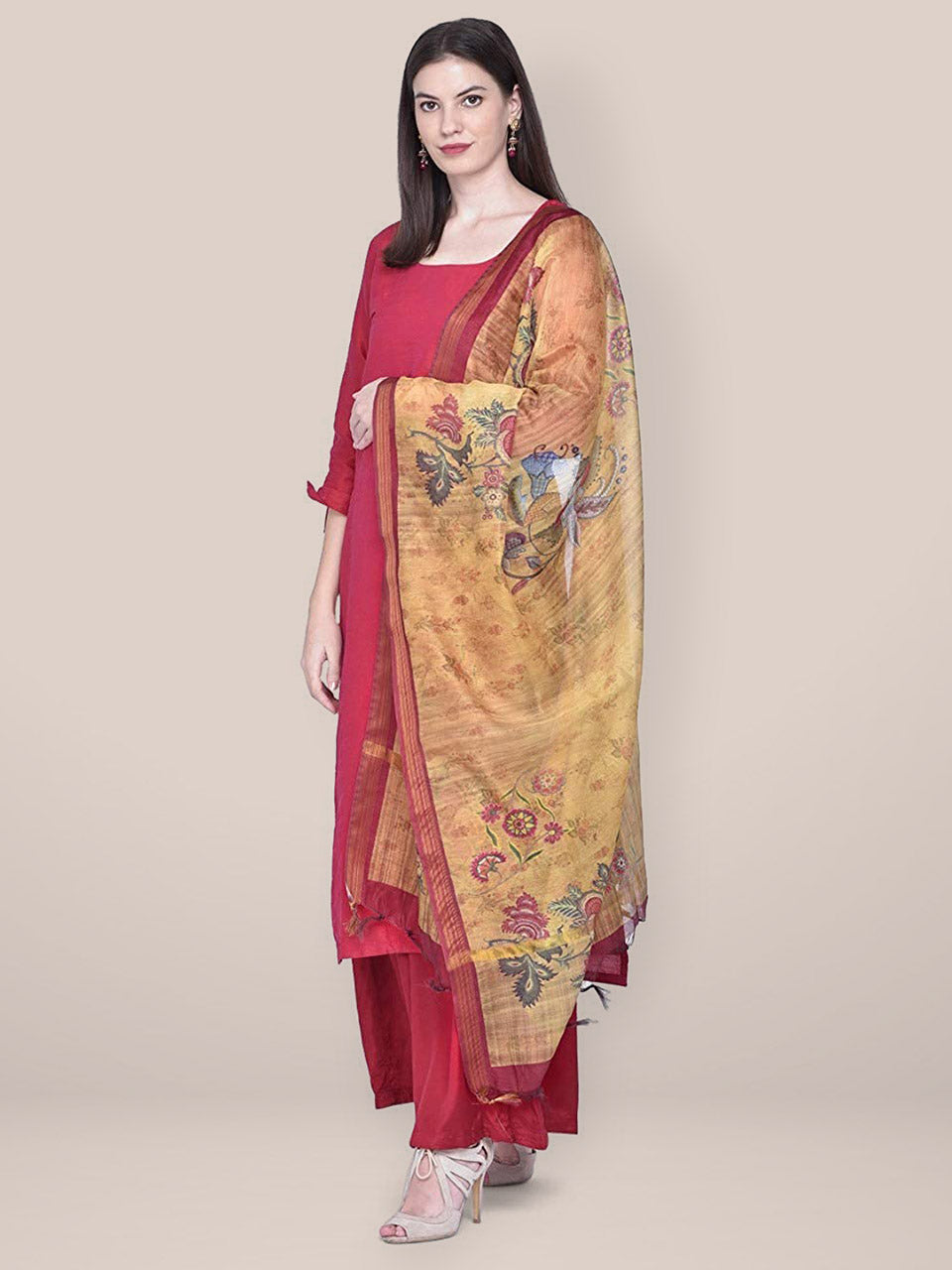 Yellow Digital Printed Silk Dupatta with floral design freeshipping - Dupatta Bazaar
