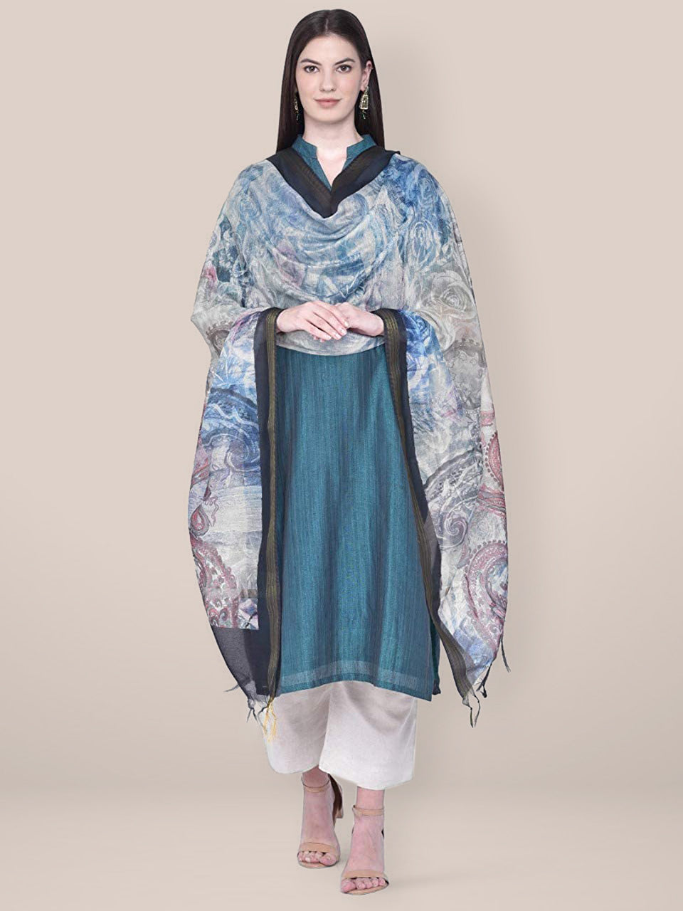 Digital Printed Blue Silk Dupatta freeshipping - Dupatta Bazaar