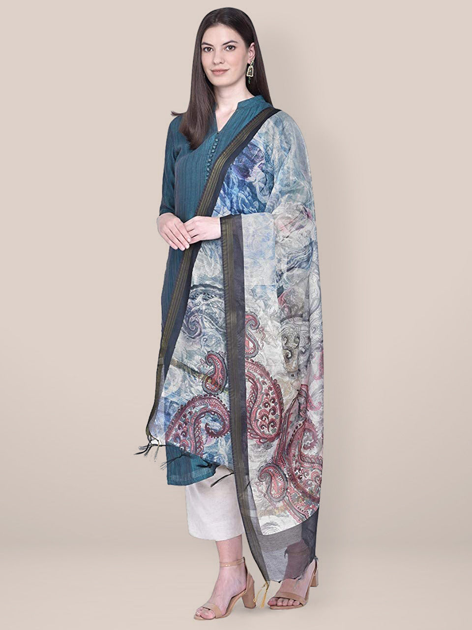 Digital Printed Blue Silk Dupatta freeshipping - Dupatta Bazaar