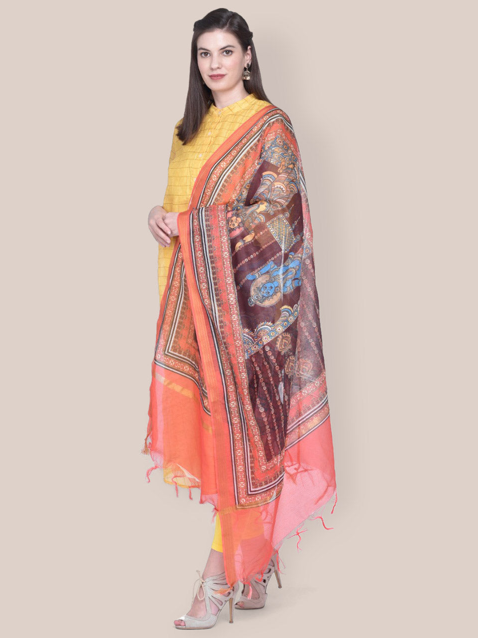 Digital Printed Orange Silk Dupatta freeshipping - Dupatta Bazaar