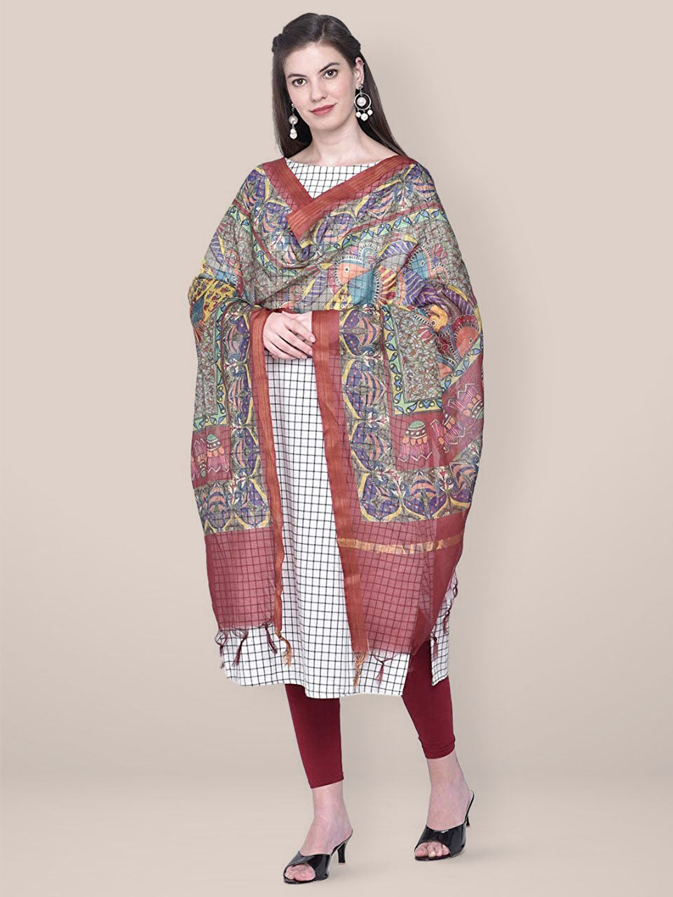 Digital Printed Maroon Silk Dupatta freeshipping - Dupatta Bazaar