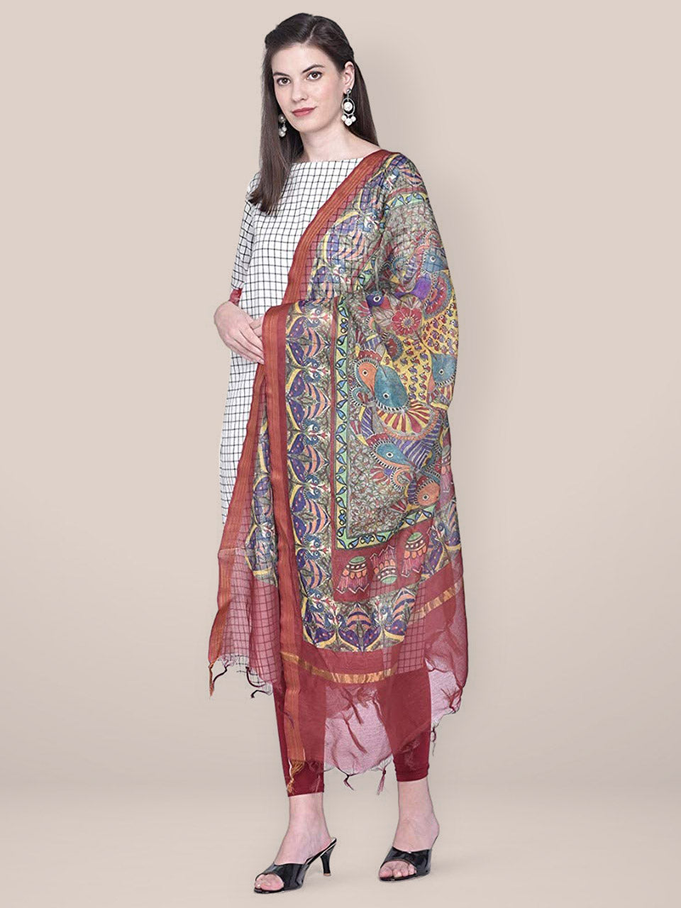 Digital Printed Maroon Silk Dupatta freeshipping - Dupatta Bazaar