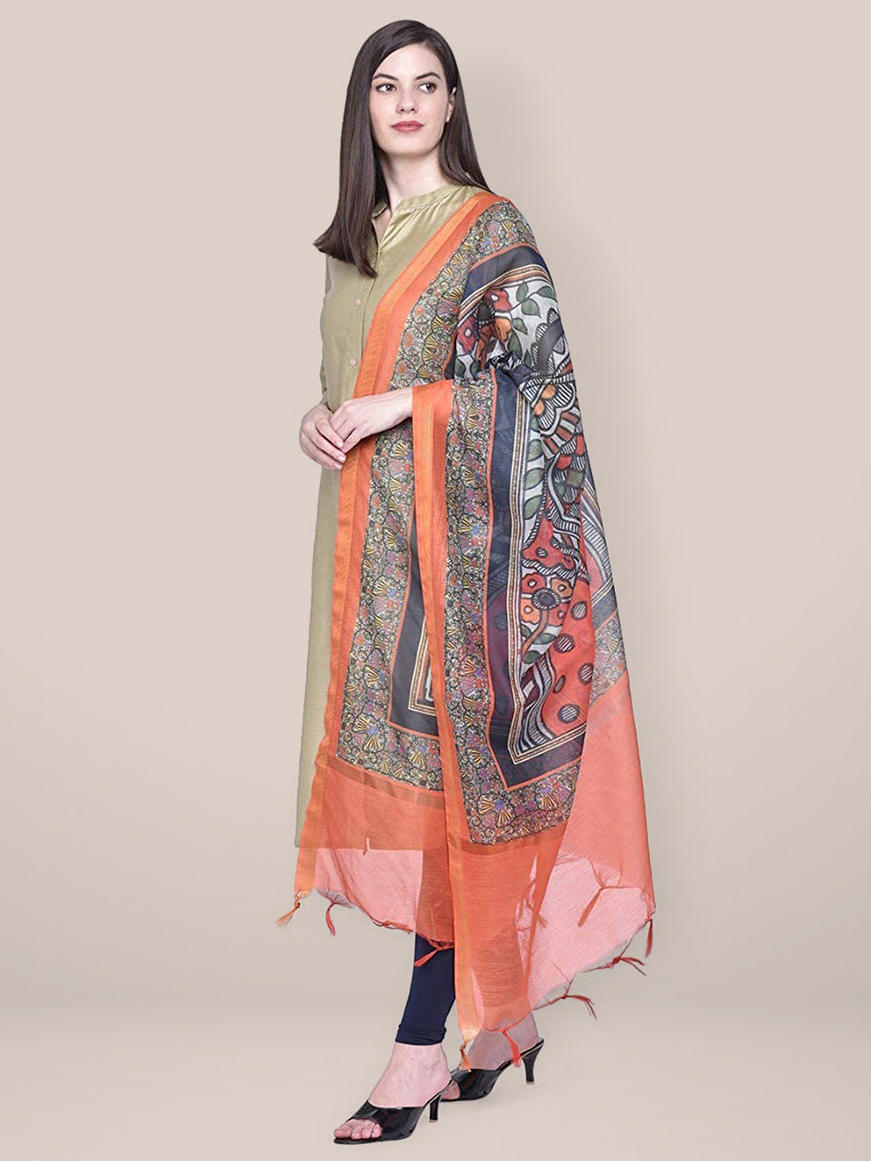 Digital Printed Orange Silk Dupatta freeshipping - Dupatta Bazaar