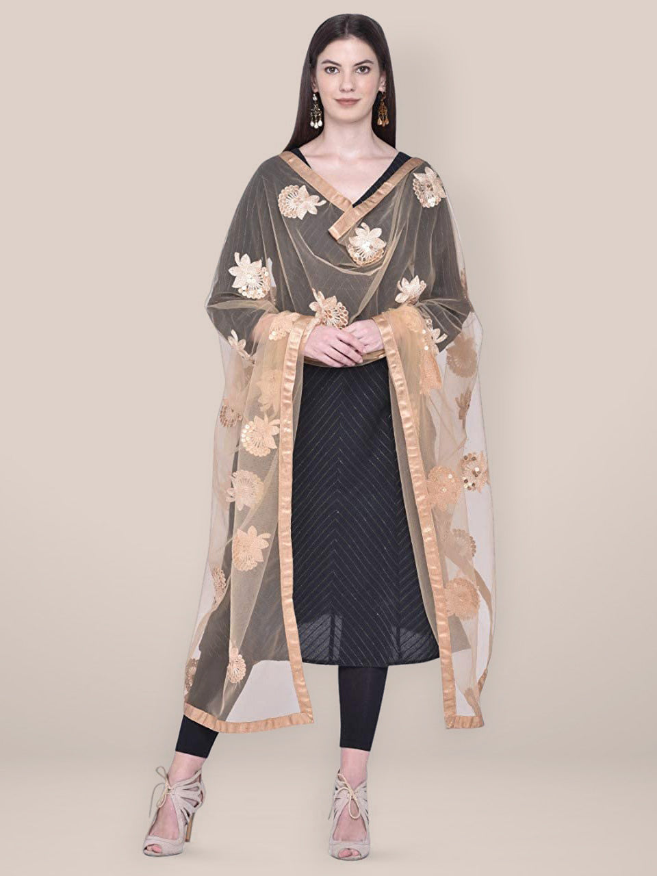 Embroidered Sequence Work Gold Net dupatta freeshipping - Dupatta Bazaar