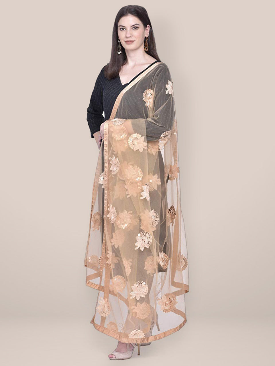 Embroidered Sequence Work Gold Net dupatta freeshipping - Dupatta Bazaar
