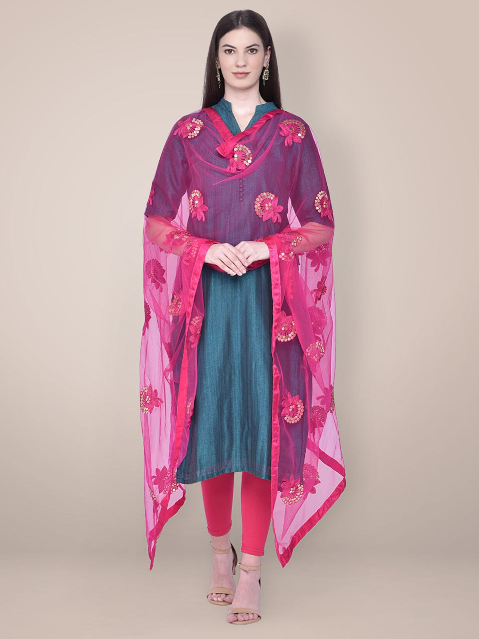 Embroidered Sequence Work Pink Net dupatta freeshipping - Dupatta Bazaar