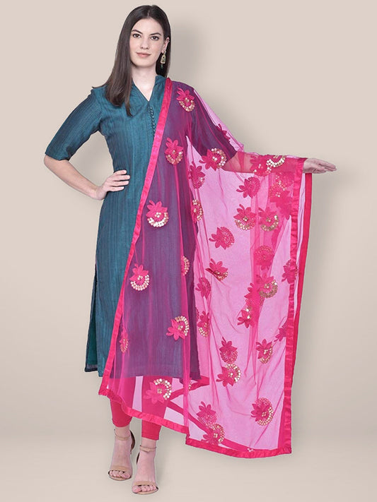 Embroidered Sequence Work Pink Net dupatta freeshipping - Dupatta Bazaar