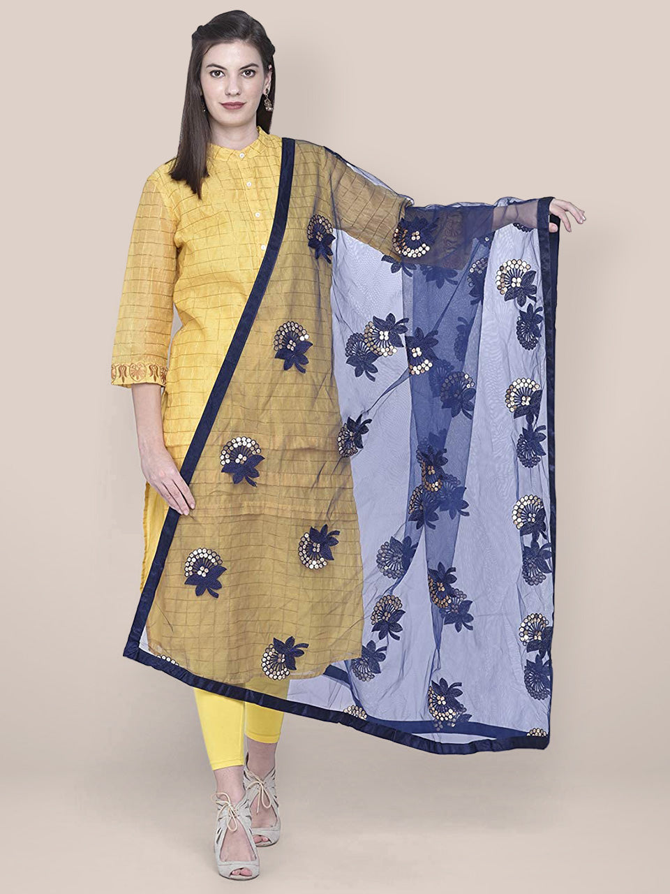 Embroidered Sequence Work Navy Blue Net dupatta freeshipping - Dupatta Bazaar
