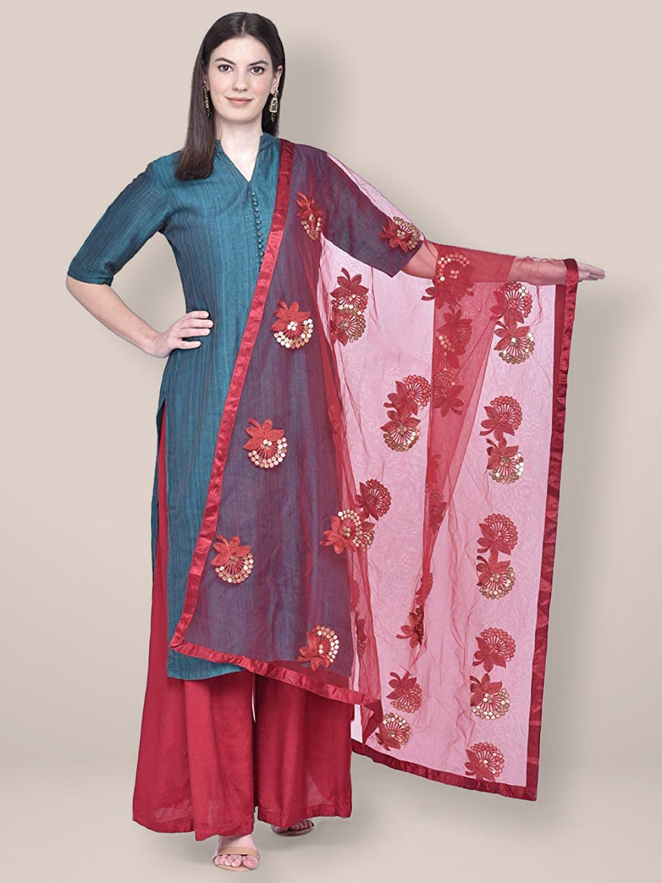 Embroidered Sequence Work Maroon Net dupatta freeshipping - Dupatta Bazaar
