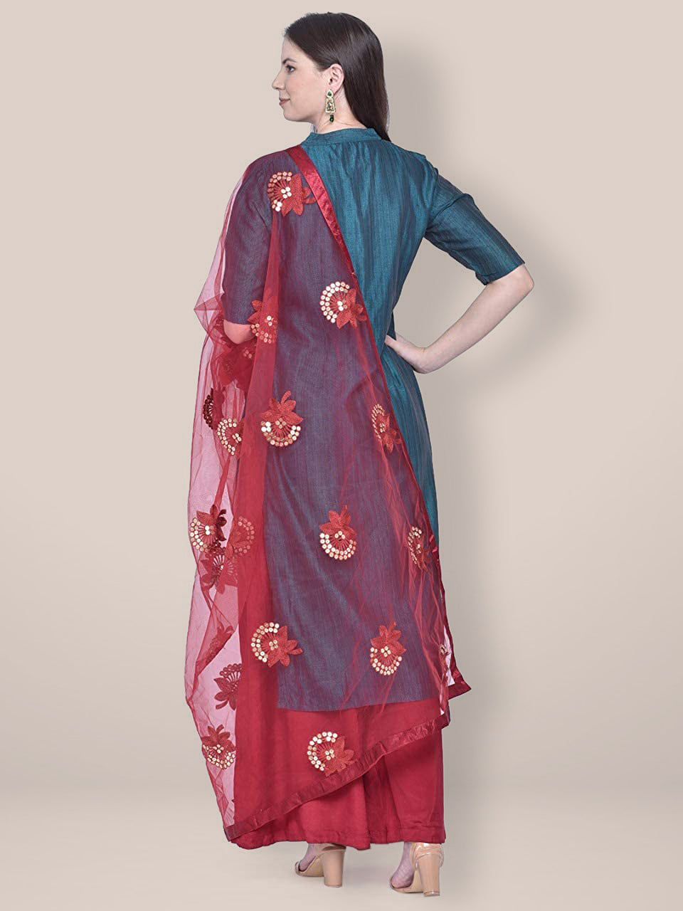 Embroidered Sequence Work Maroon Net dupatta freeshipping - Dupatta Bazaar