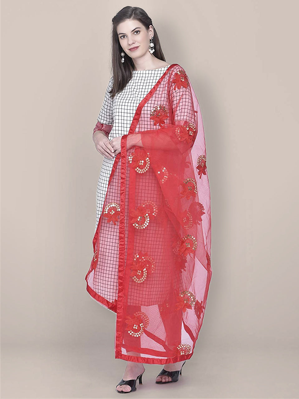 Embroidered Sequence Work Red Net dupatta freeshipping - Dupatta Bazaar