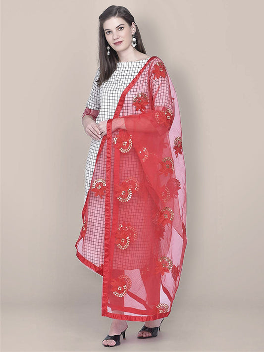 Embroidered Sequence Work Red Net dupatta freeshipping - Dupatta Bazaar
