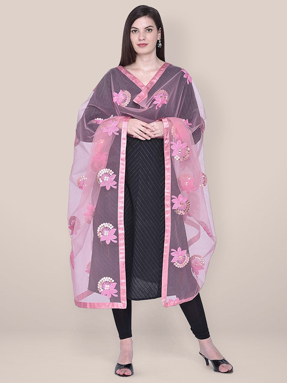 Dupatta Bazaar Woman's Embroidered Sequence Work Pink Net dupatta freeshipping - Dupatta Bazaar