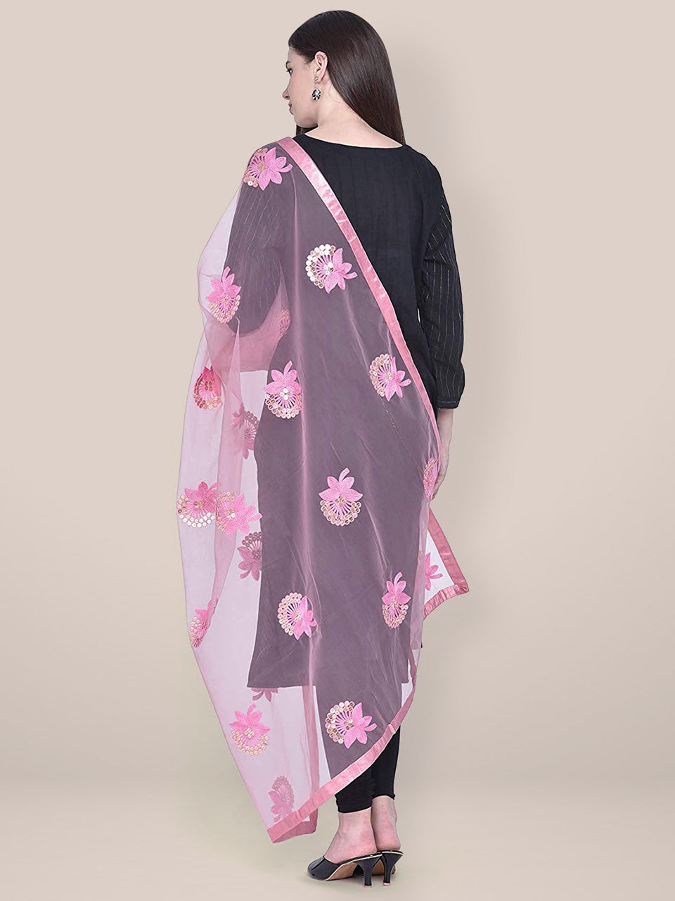 Dupatta Bazaar Woman's Embroidered Sequence Work Pink Net dupatta freeshipping - Dupatta Bazaar